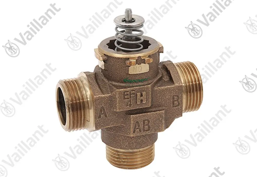 Vaillant 3-Wege-Ventil mit drei Anschlüssen, einer Feder und einem oberseitigen Eingangsbereich. Das Ventil hat eine robuste Bauweise aus Messing.